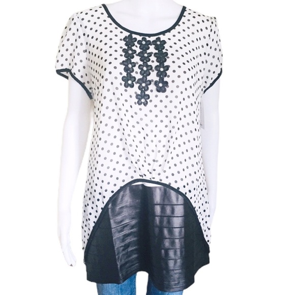 NWT A BY D (Boutique) Polka Tunic Top With Vegan/Faux Detail Leather Ivory Large - Picture 1 of 8
